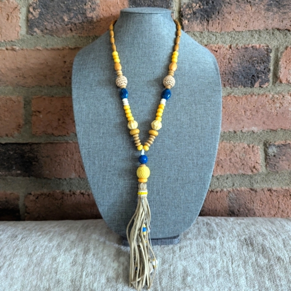 Chico's Long Beaded Coastal Tassel Necklace